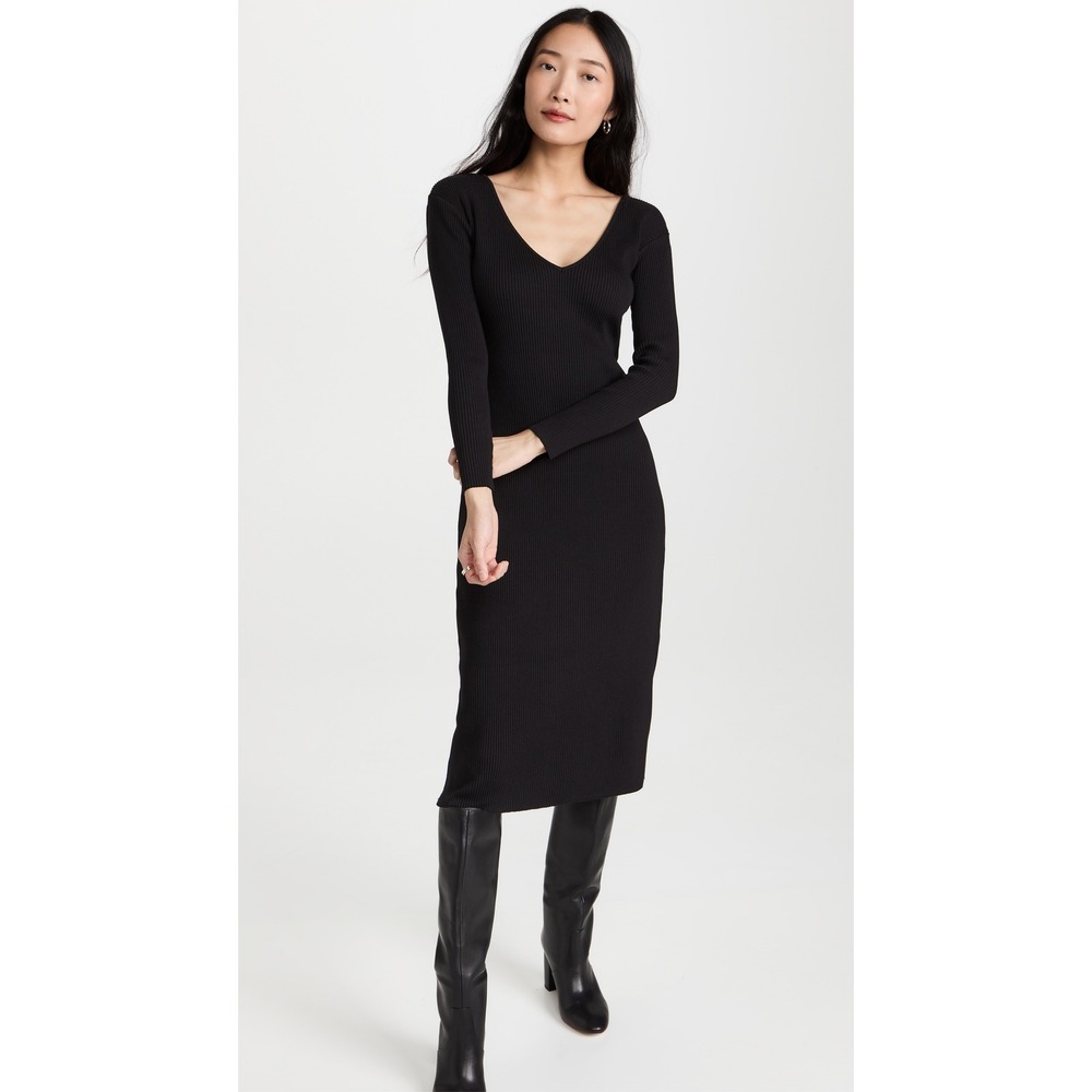 Vince Black Ribbed Knit V-Neck Long Sleeve Midi Dress -‎ Size M